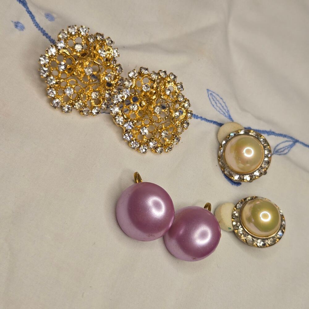 Vintage Estate Jewelry Lot: 3 Pairs Earrings Faux Pearl & Rhinestone